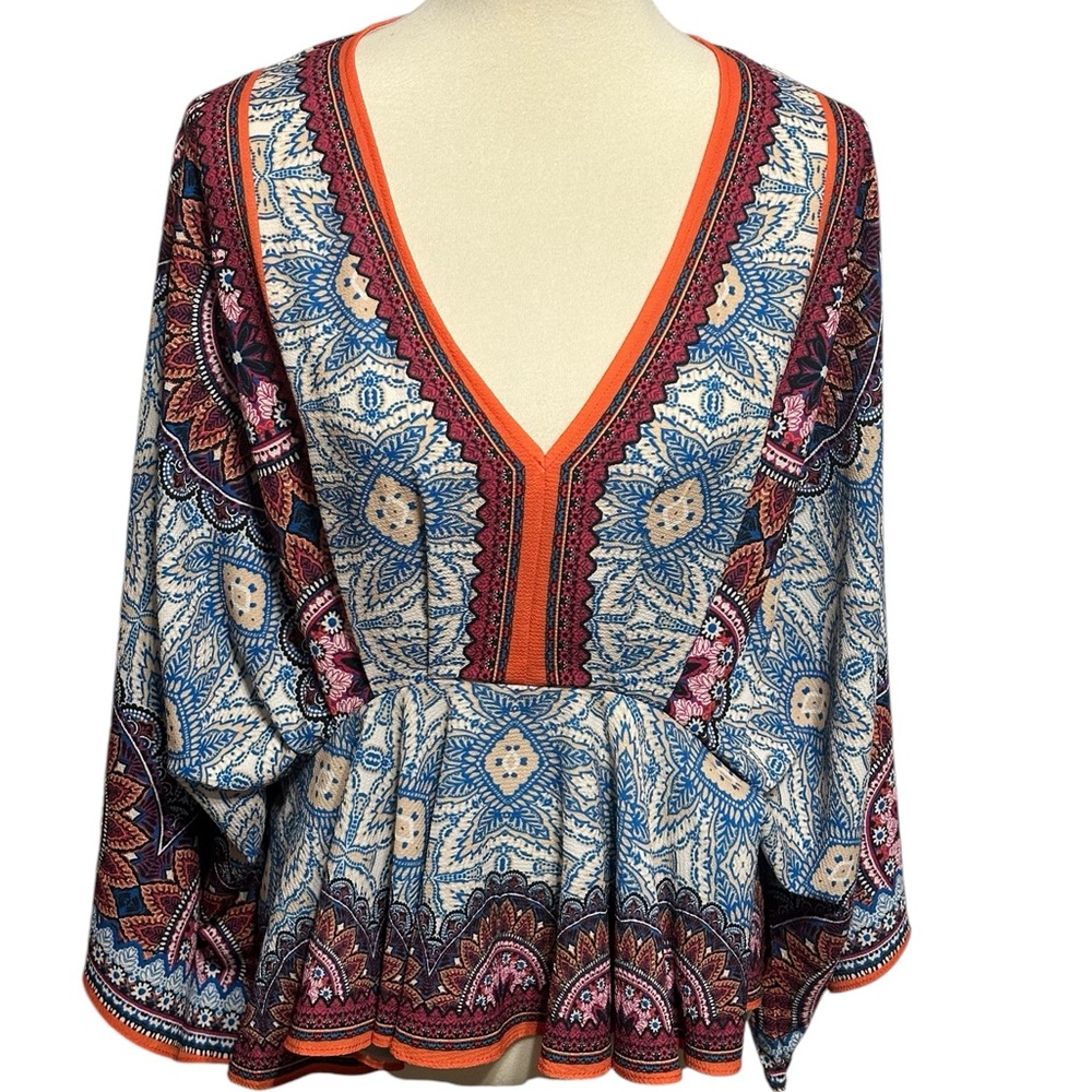 Flying Tomato Colorful Retro 3/4 Sleeve Peplum V-neck Top - Picture 5 of 12